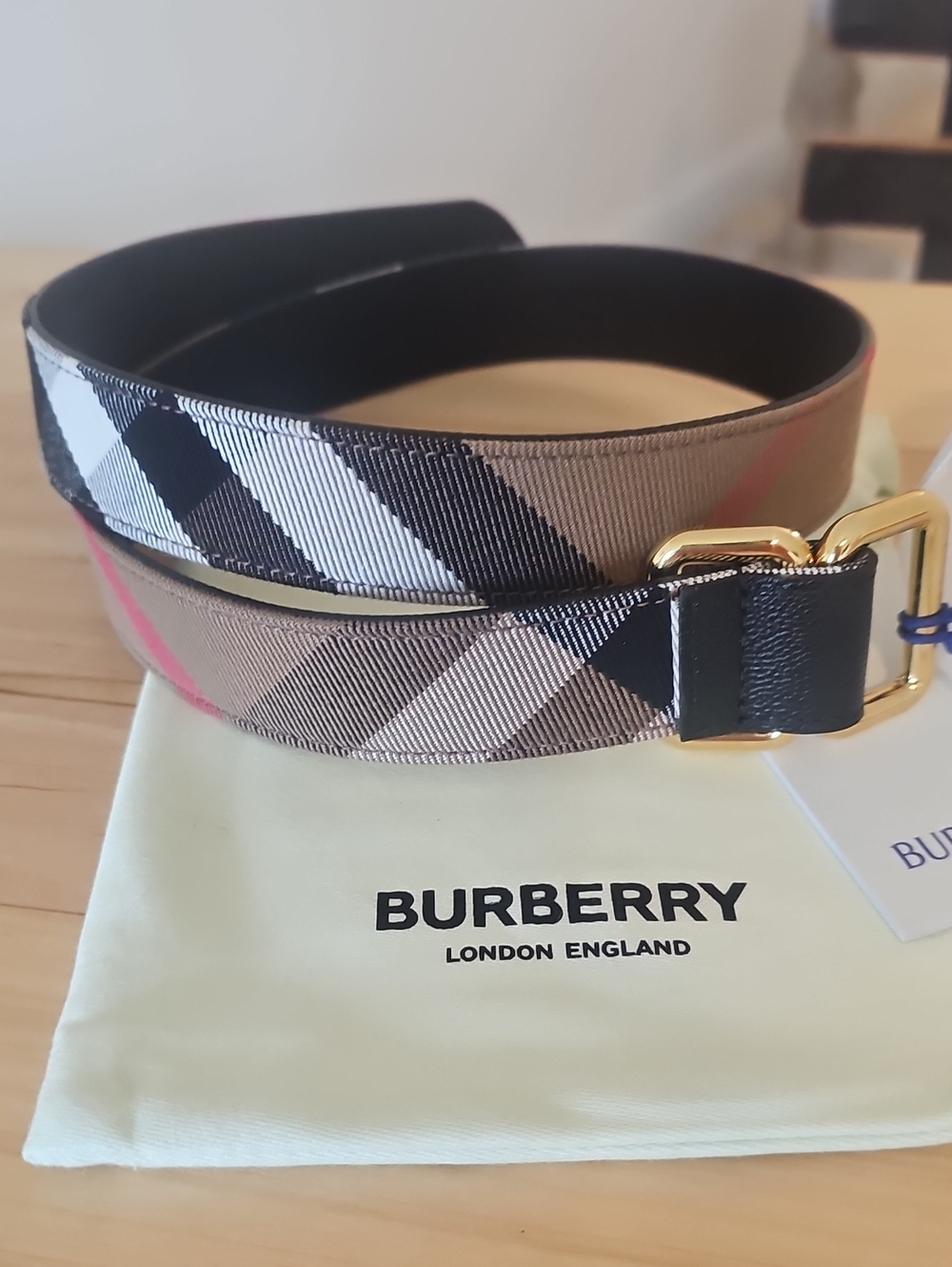 Burberry Reversible Beige Black Red Vintage Check Strap with Gold Buckle